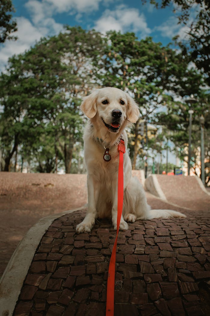 A Golden Retriever sits on a path with a red leash, surrounded by trees in a park.